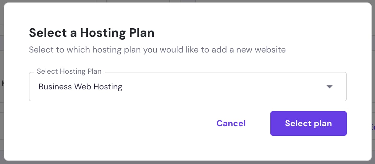 Hostinger dialog to select a hosting plan, with Business Web Hosting chosen and Select plan button highlighted