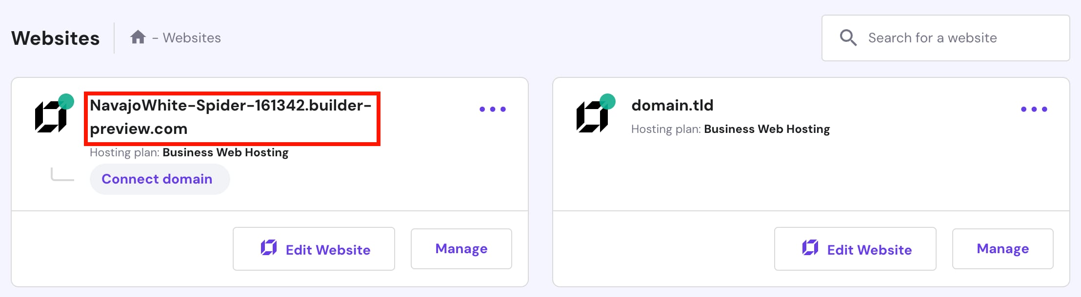 Website builder site name highlighted in the Websites dashboard: NavajoWhite-Spider-161342.builder-preview.com