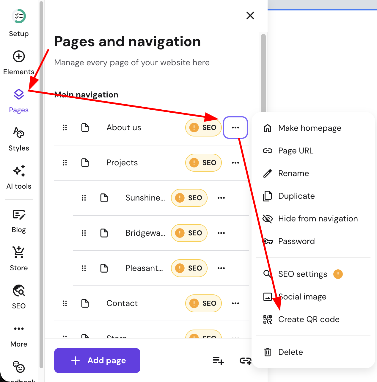 Pages and navigation menu with “Create QR code” option highlighted in page settings menu