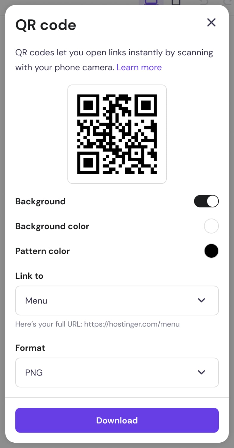 Hostinger Website Builder QR code popup with QR code preview and Download button