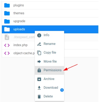 Hostinger file manager context menu with Permissions option highlighted