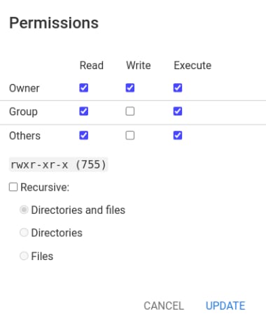 Permissions dialog showing owner, group, and others read/write/execute checkboxes set to 755