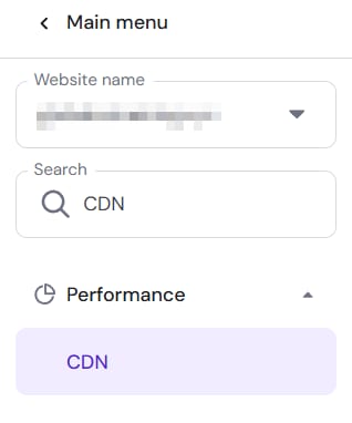 Hostinger main menu with CDN selected under Performance