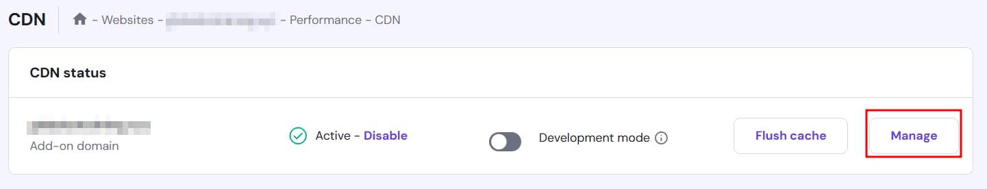 Hostinger CDN status page with the Manage button highlighted in the CDN panel