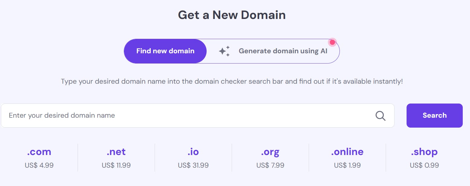 Domain search page with "Find new domain" tab selected and search bar for entering a domain name