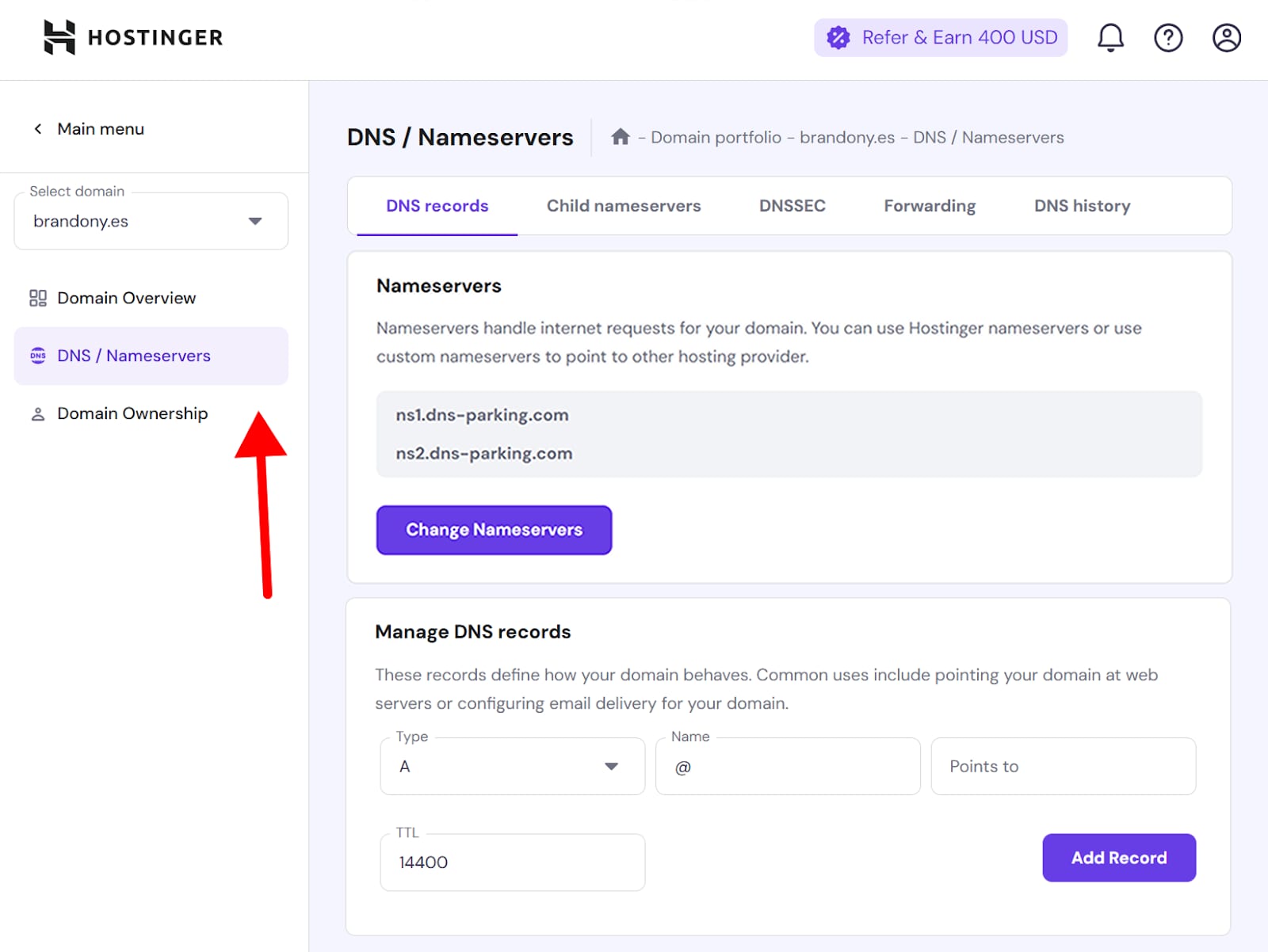 Hostinger domain DNS/Nameservers page with the DNS / Nameservers menu item highlighted