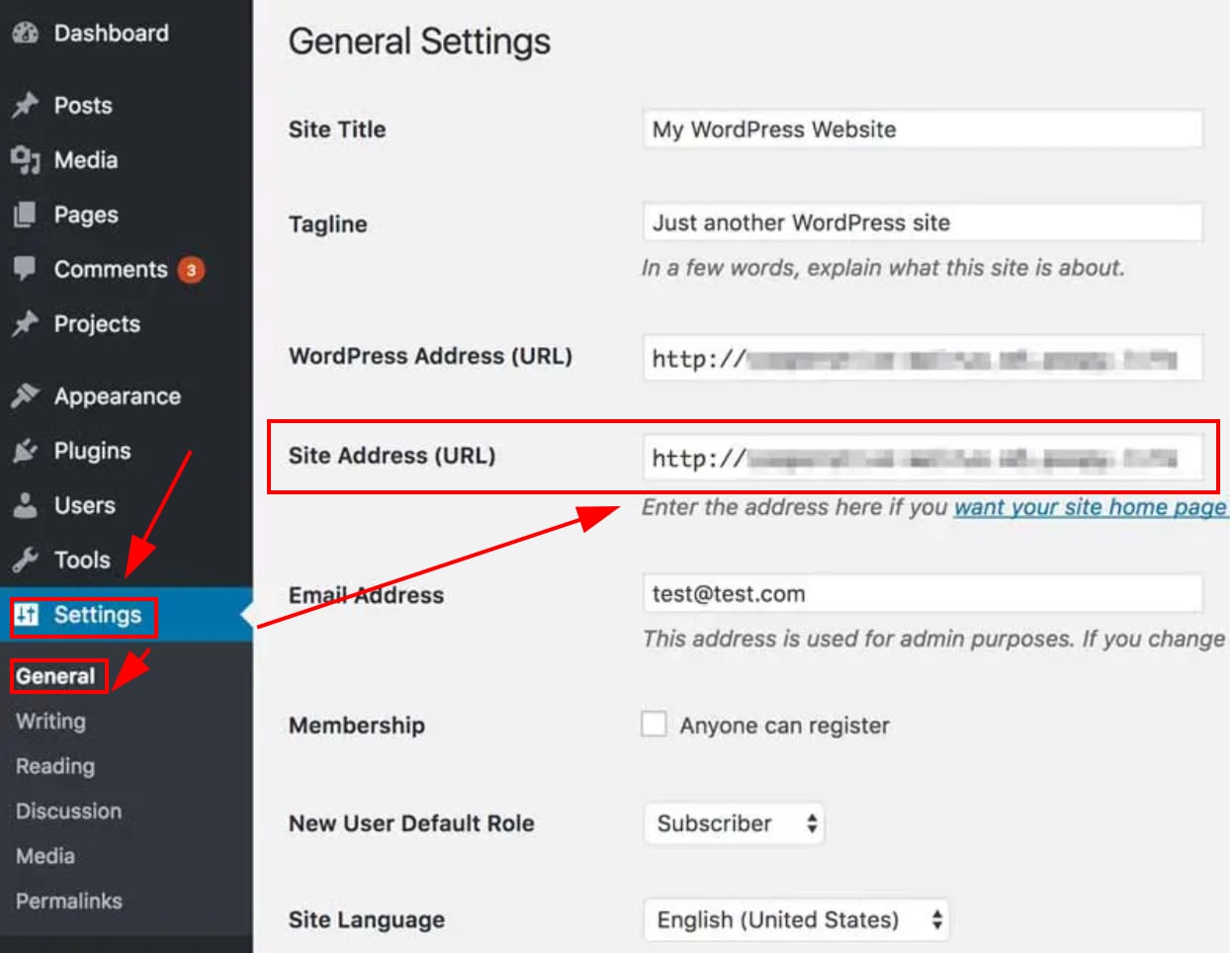 WordPress Settings > General with the Site Address URL field highlighted
