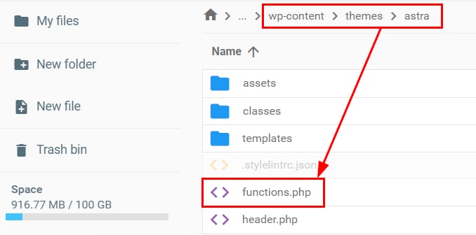 Hostinger file manager showing wp-content/themes/astra path and the highlighted functions.php file