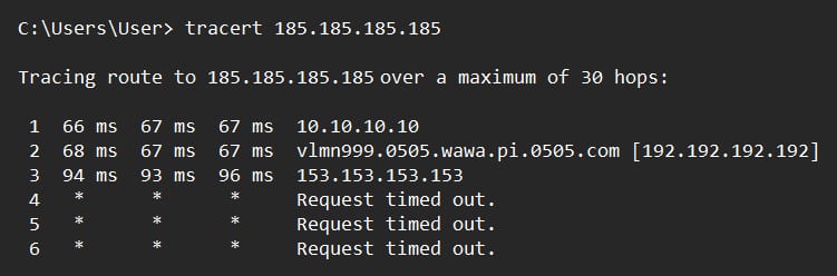 Traceroute command output showing hops and several request timeouts