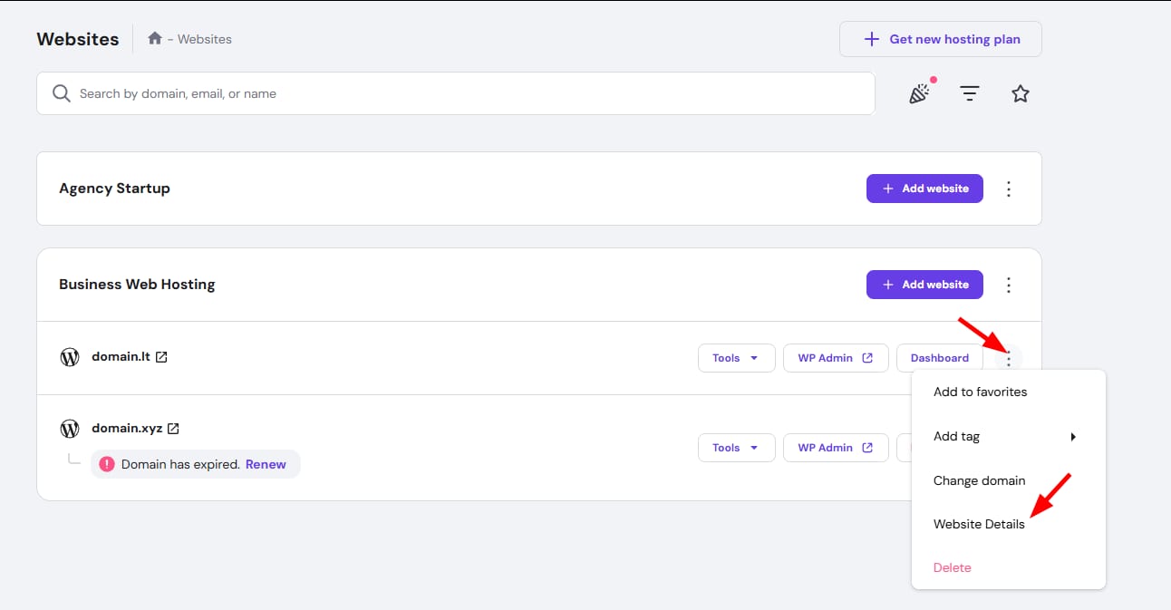 Hostinger Websites menu with the three-dot menu open and Website Details highlighted