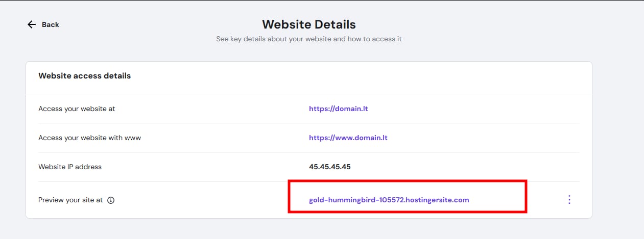 Hostinger website details page with the temporary preview domain highlighted