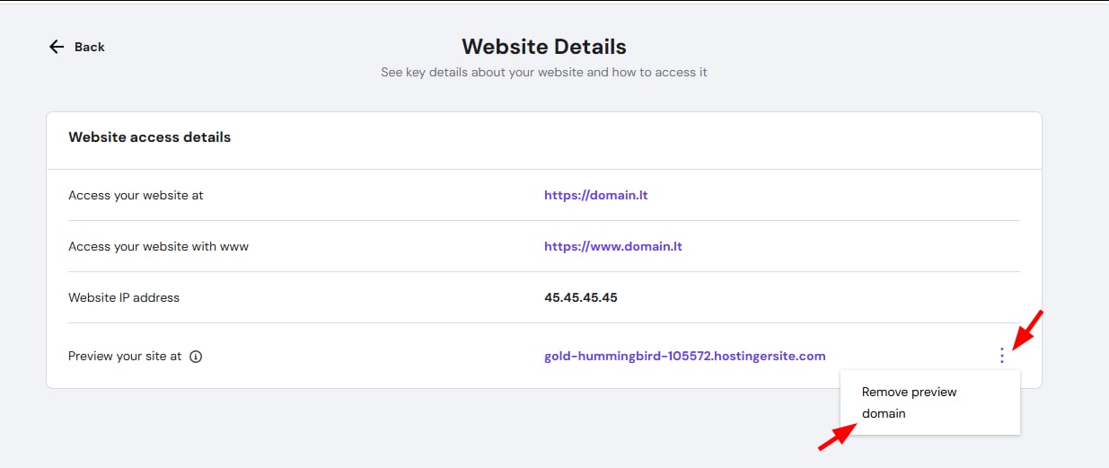Hostinger website details with the three-dot menu open and Remove preview domain highlighted