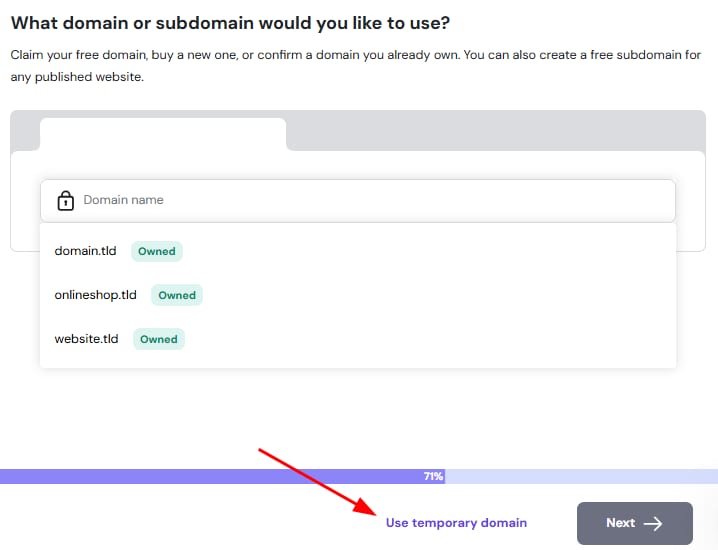 Hostinger setup screen with the Use temporary domain option highlighted next to the Next button