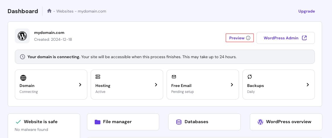 Hostinger WordPress dashboard with the Preview button highlighted