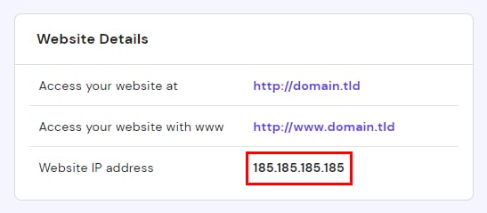 Hostinger website details showing the website IP address highlighted