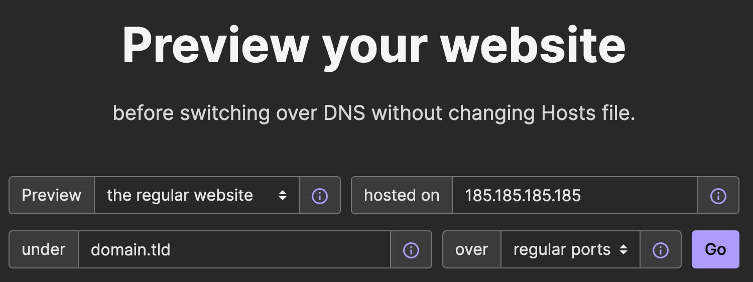 Hostinger preview website form with regular website option selected and domain.tld field shown