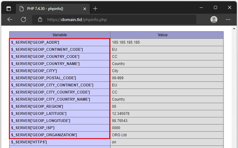 PHP phpinfo table with GeoIP server variables highlighted in red