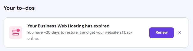 Business Web Hosting expired notice with a highlighted Renew button