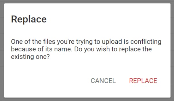 Hostinger dialog asking to replace a conflicting uploaded file, with the Replace button highlighted