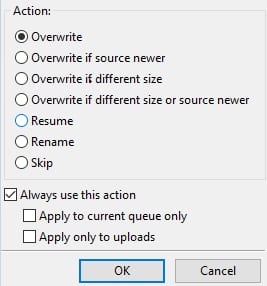 Dialog with Resume option selected and OK button at bottom