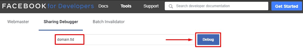 Facebook Sharing Debugger with domain.tld field and Debug button highlighted