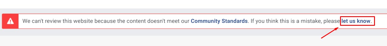 Facebook notice saying “let us know” if the website review is a mistake