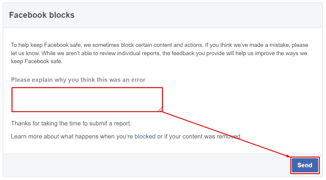 Facebook block report form with text box and Send button highlighted