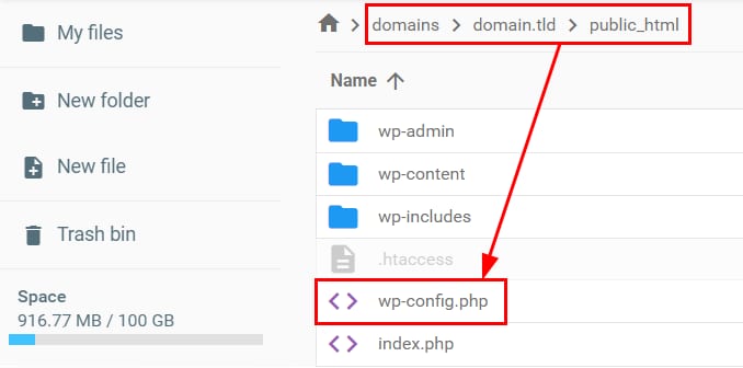 Hostinger file manager showing public_html path and wp-config.php highlighted