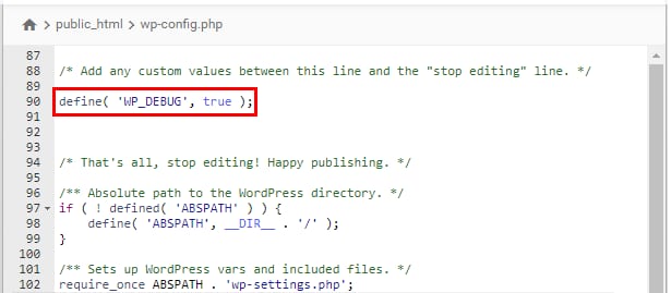 Hostinger file editor showing wp-config.php with define('WP_DEBUG', true); highlighted