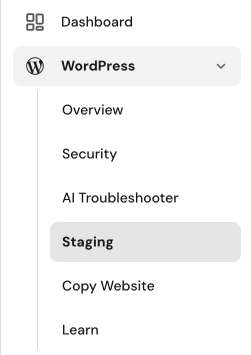 WordPress staging menu item highlighted in Hostinger hPanel sidebar