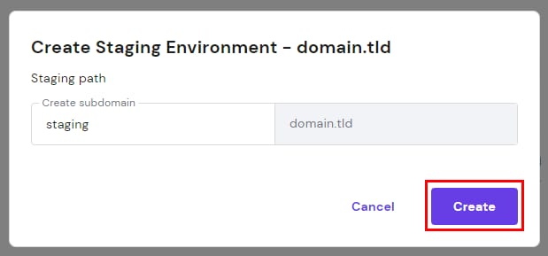 Hostinger WordPress staging dialog with the Create button highlighted