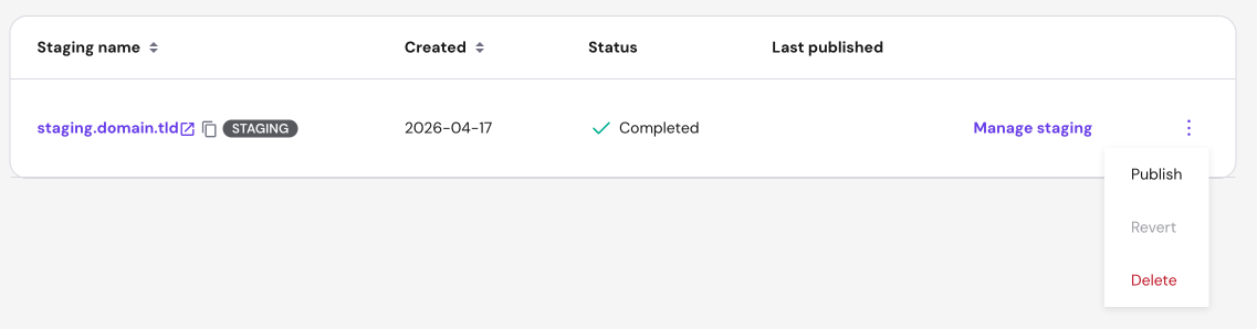 Hostinger WordPress staging options menu with Publish, Revert, and Delete actions