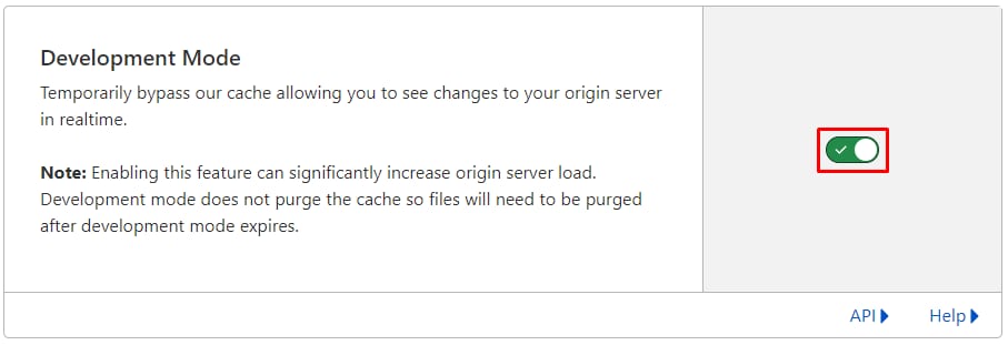 Cloudflare development mode toggle switch highlighted on