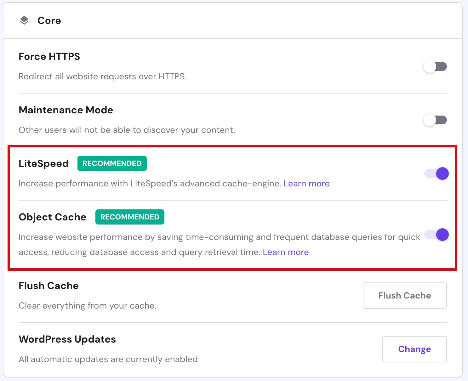 Hostinger WordPress settings with Object Cache toggle highlighted and enabled in Core section
