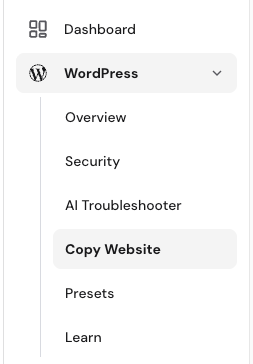 Hostinger hPanel WordPress menu with Copy Website selected