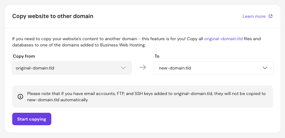 Hostinger business web hosting copy website to other domain dialog with target domain selector highlighted