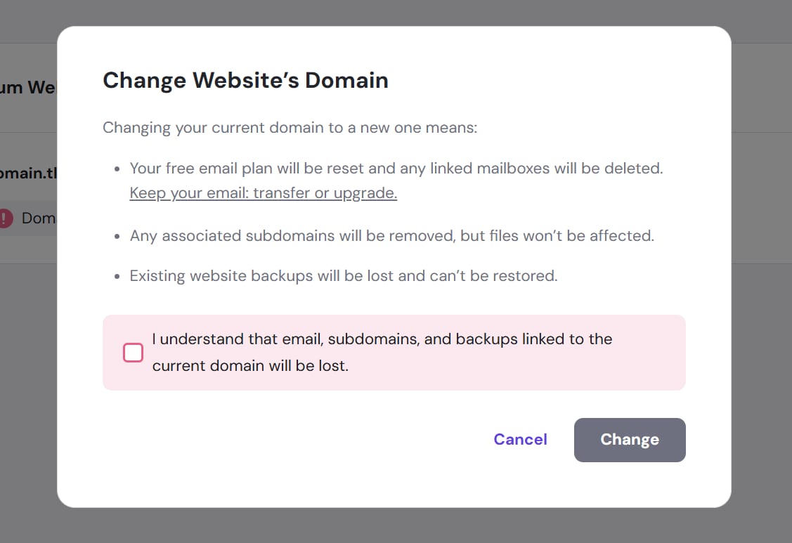 Hostinger domain change dialog with a required confirmation checkbox