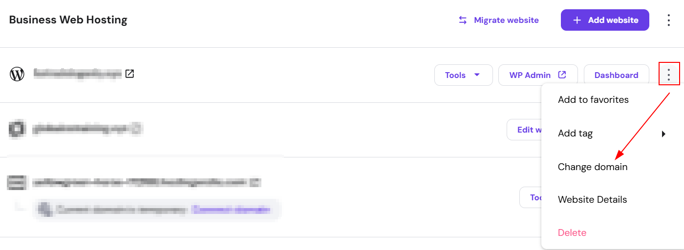 Hostinger website menu with Change domain option highlighted in the more actions menu