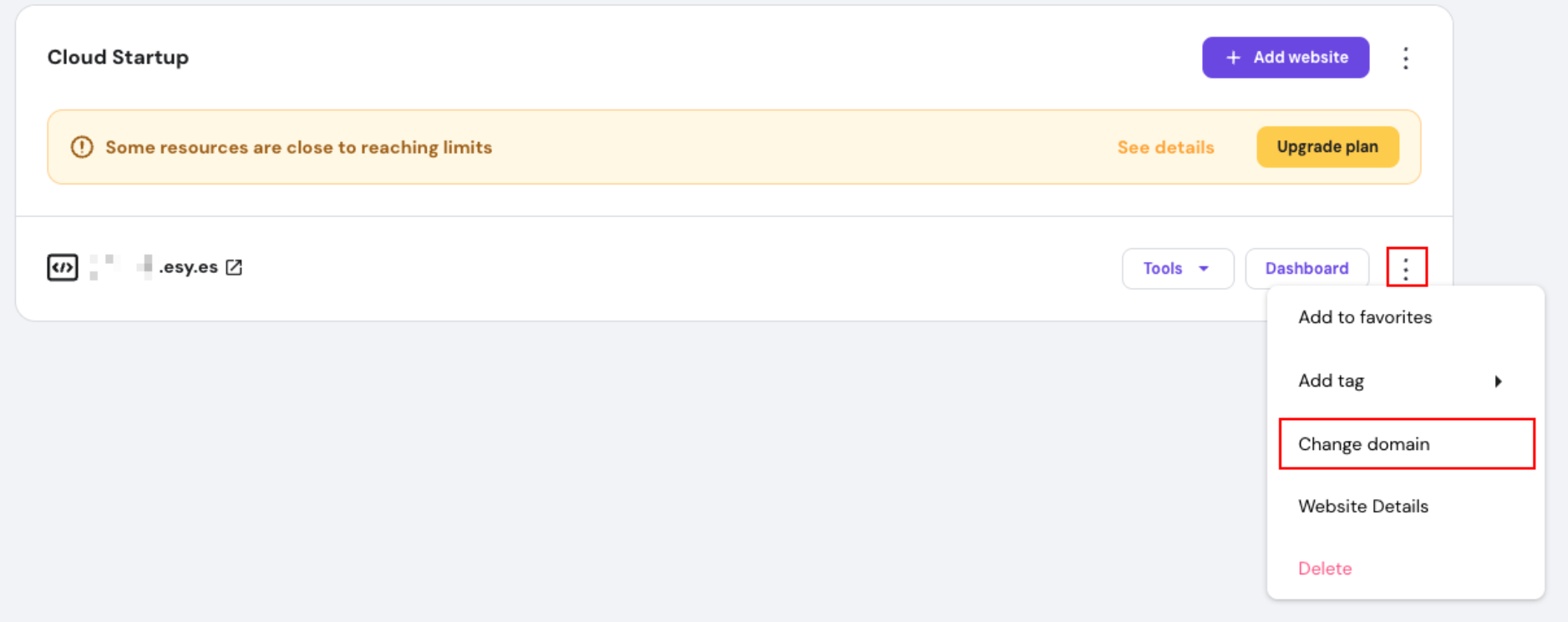 Hostinger Cloud Startup menu with Change domain option highlighted