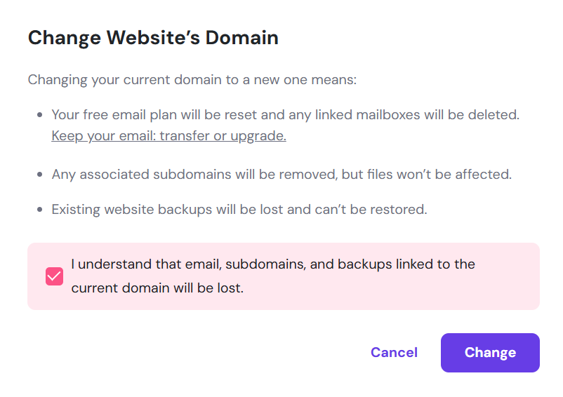 Hostinger domain change confirmation dialog with checked loss acknowledgment box and Change button