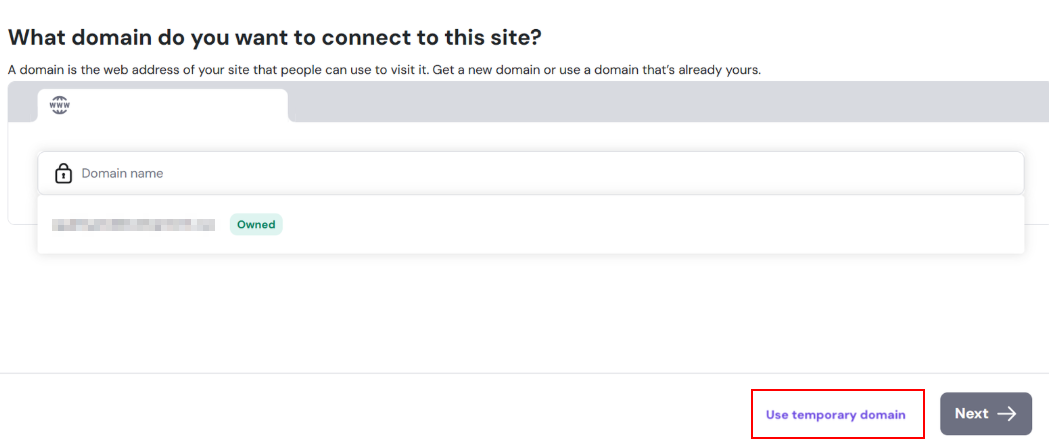 Hostinger domain setup screen with the Use temporary domain button highlighted
