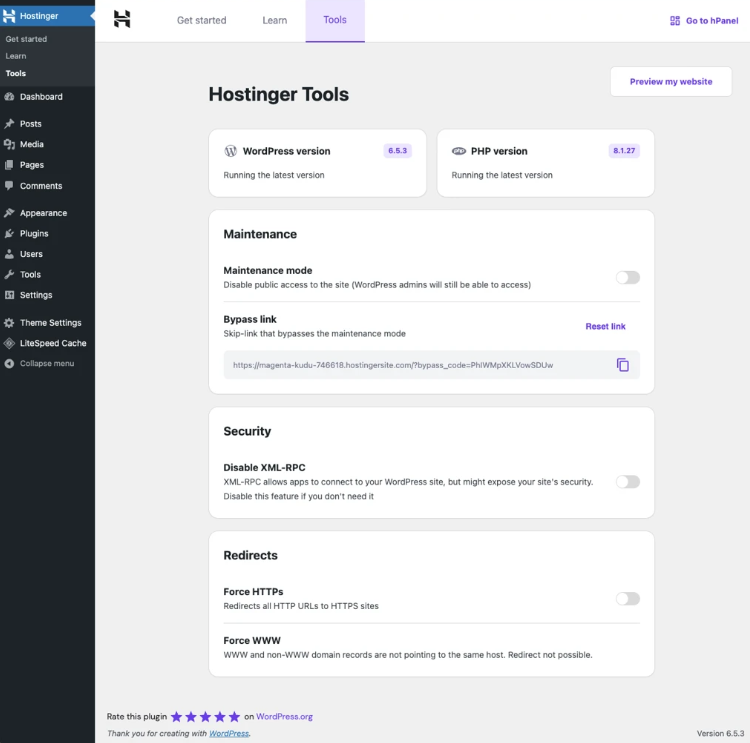 Hostinger Tools page for WordPress with maintenance, security, and redirects settings
