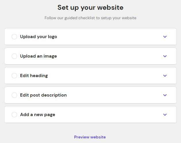 Website setup checklist with steps to upload logo, image, edit heading, and add a new page