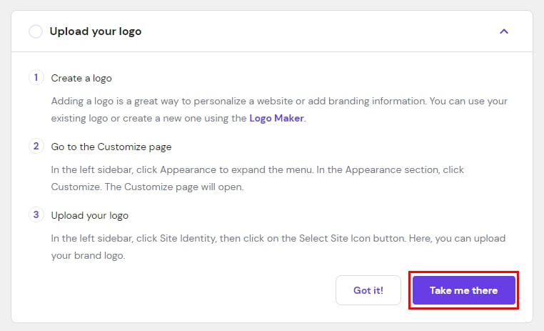 Hostinger tutorial popup with the highlighted Take me there button and a Got it! button