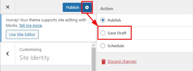WordPress editor publish settings menu with Save Draft option highlighted