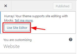 WordPress customizer with the Use Site Editor button highlighted