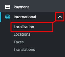 PrestaShop Localization menu with the expand caret and Localization option highlighted