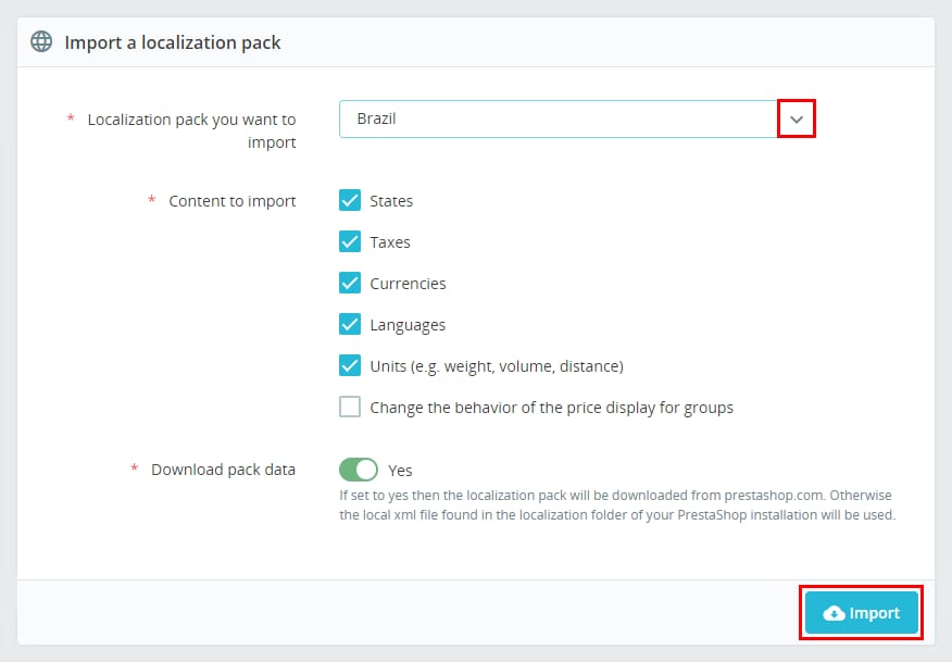 PrestaShop localization pack import with Brazil dropdown and Import button highlighted