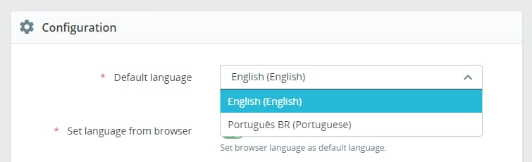 PrestaShop configuration dropdown with default language set to English (English)