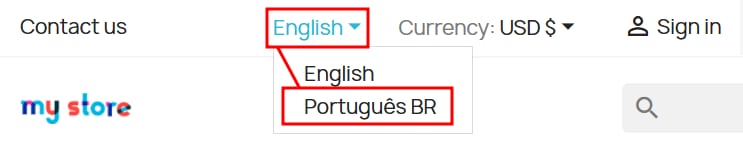 PrestaShop language dropdown open, highlighting Português BR option